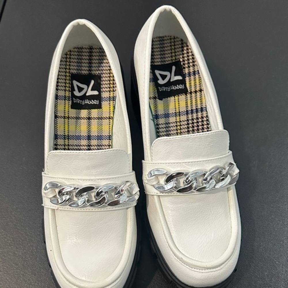 Dirty Laundry White Platform Loafers with Silver Chain